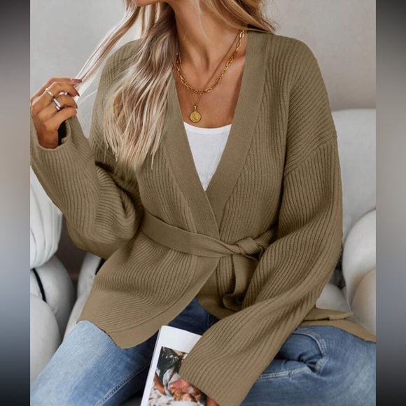 tan Belted knit sweater tie belt wrap cardigan- oversized fit - Picture 7 of 7